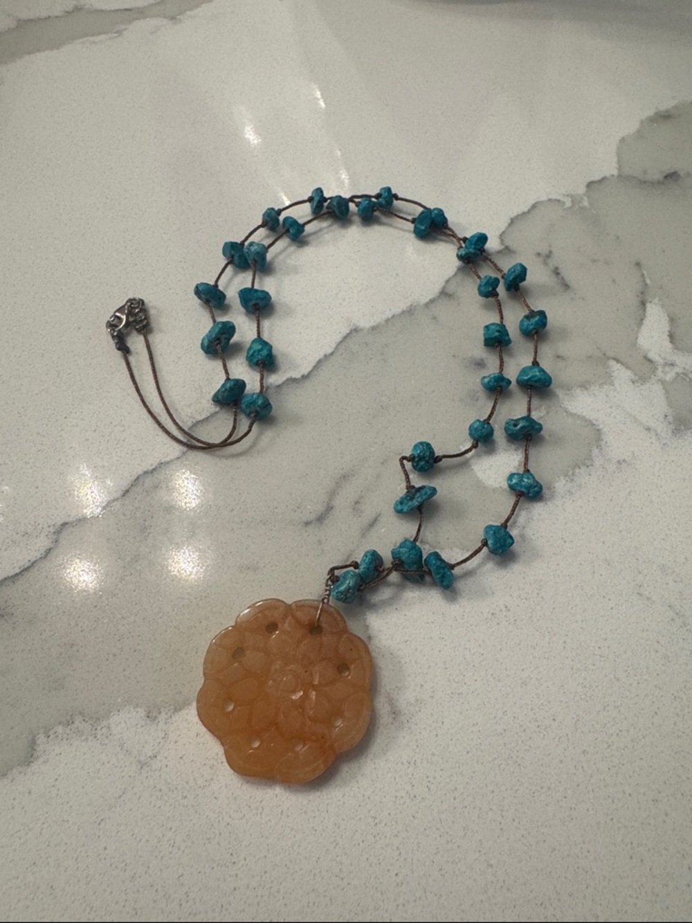 Handcrafted Turquoise Bead Necklace with Amber Jade sunflower Pendant